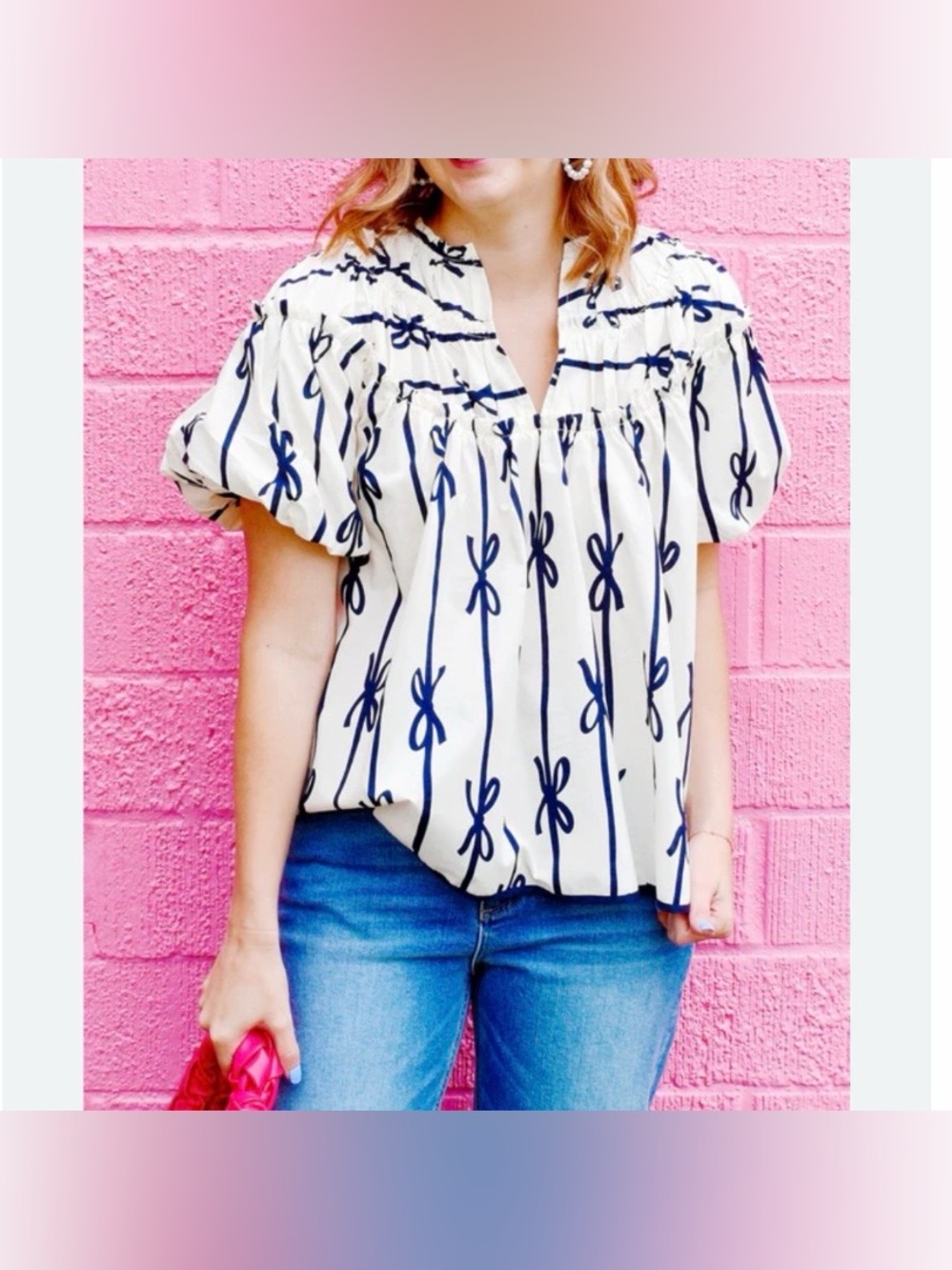 NWT UMGEE USA Cream Puff-Sleeve V-Neck Top with Navy Bow Print Size Small